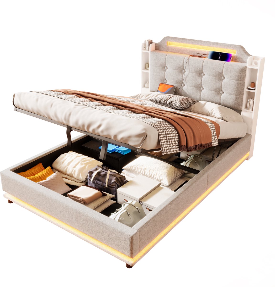 Merax Gestoffeerd Bed 140x200 – Hydraulisch Opbergruimte Bed – LED Verlichting – USB en Type-C Oplaadfunctie – Linnen – Beige – Zonder Matras