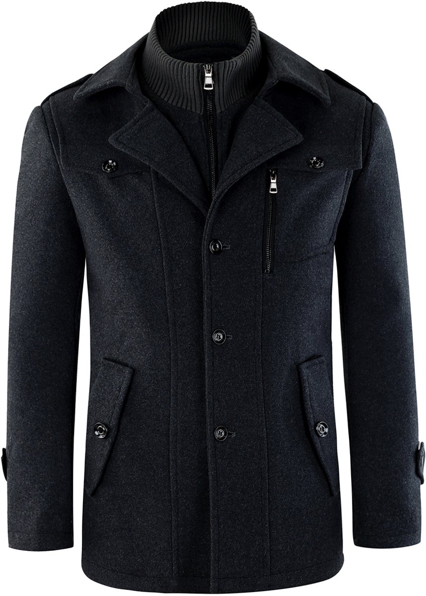 ALLTHEMEN Heren Wollen jas met opstaande kraag - Slim Fit Winter Warm Jasje - XS