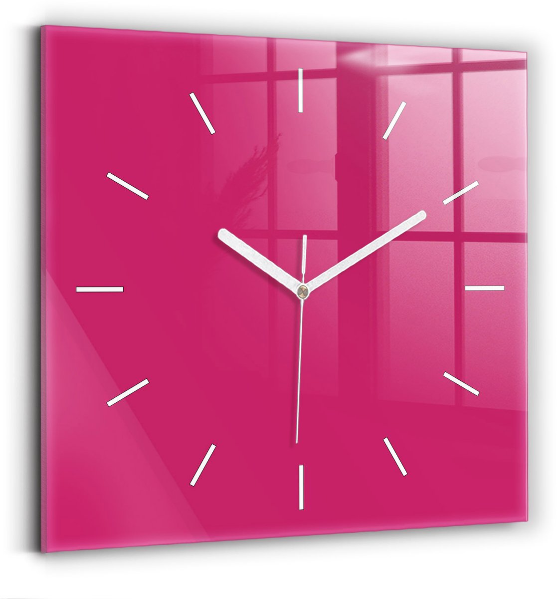 Wallfluent Wandklok - Roze Vierkante Glazen Wandklok - 30 cm x 30 cm - Roze Wandklok - Witte Handen - Wandklok Zonder Cijfers - Wandklok Glas Woonkamer - Vierkante Glas Klok - Scandinavisch Wandklok - Vierkante Glazen Klok