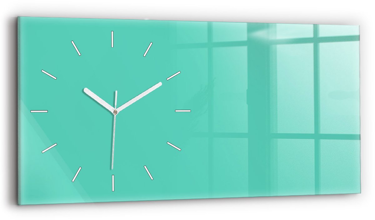 Wallfluent Wandklok - Turkoois Rechthoekige Glas Klok - 60 cm x 30 cm - Turkoois Wandklok - Witte Handen - Wandklok Zonder Cijfers - Wandklok Glas Woonkamer - Rechthoekige Glazen Wandklok - Scandinavisch Wandklok - Glazen Klok Rechthoekige