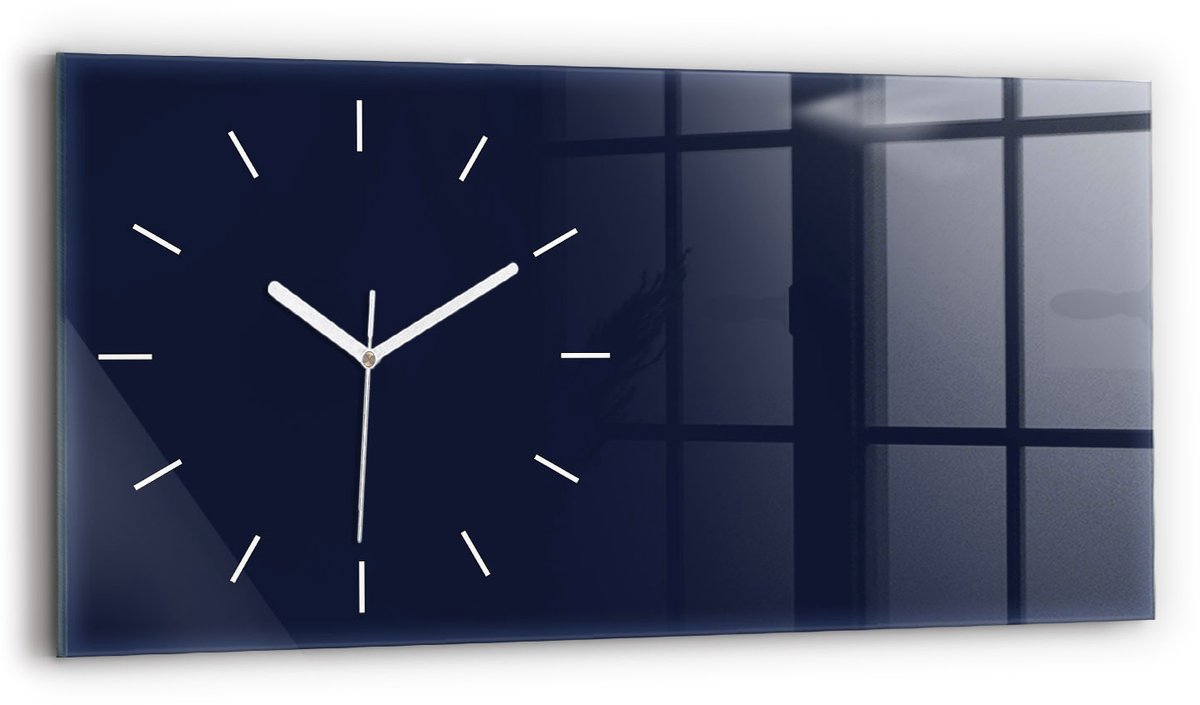 Wallfluent Wandklok - Donker marineblauw Glazen Klok Rechthoekige - 60 cm x 30 cm - Donker marineblauw Wandklok - Witte Handen - Wandklok Zonder Cijfers - Stille Wandklok Slaapkamer - Glas Klok - Industrieel Wandklok - Rechthoekige Glazen Wandklok