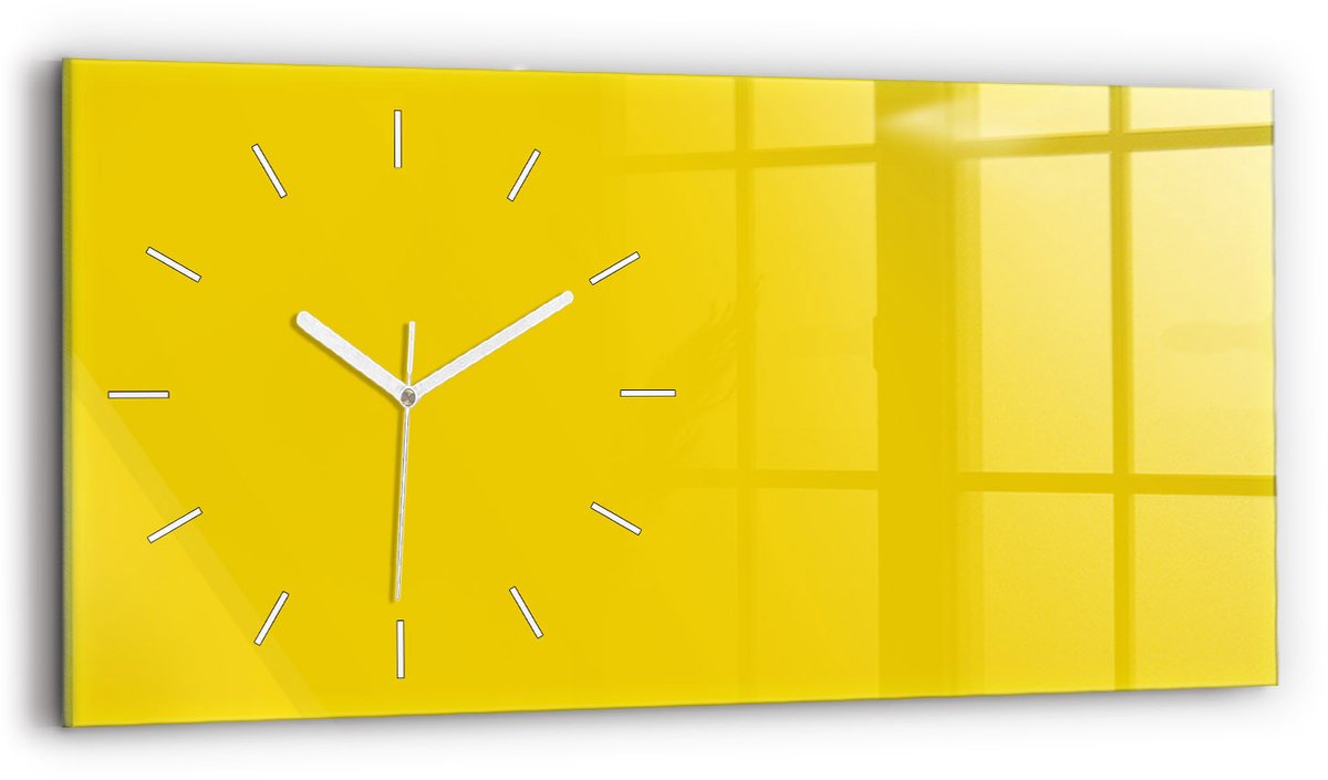 Wallfluent Wandklok - Geel Rechthoekige Glas Klok - 60 cm x 30 cm - Geel Wandklok - Witte Handen - Wandklok Zonder Cijfers - Stille Wandklok Slaapkamer - Rechthoekige Glazen Wandklok - Scandinavisch Wandklok - Glazen Klok Rechthoekige