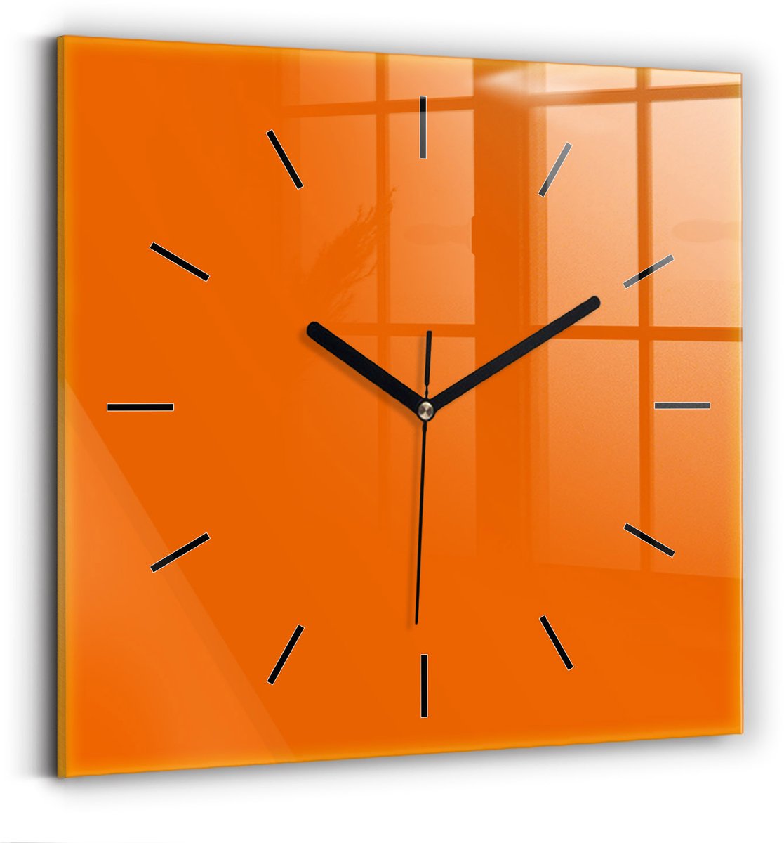 Wallfluent Wandklok - Oranje Vierkante Glas Klok - 30 cm x 30 cm - Oranje Wandklok - Zwarte Handen - Wandklok Zonder Cijfers - Wandklok Glas Woonkamer - Vierkante Glazen Klok - Minimalistisch Wandklok - Vierkante Glazen Wandklok