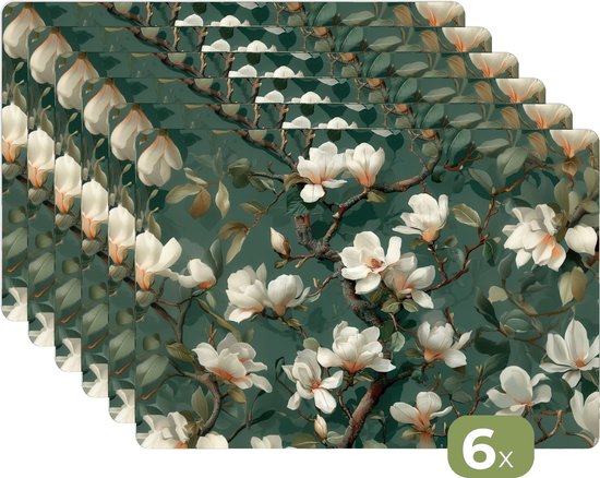 Napperons - 6 pièces - 45x30 cm - Set de table en plastique - Fleurs - Branches - Wit - Classique - Dessous de Assiettes - Décoration de table - Accessoires de décoration de table de Cuisine - Dessous de verre en Vinyl - Décoration de table