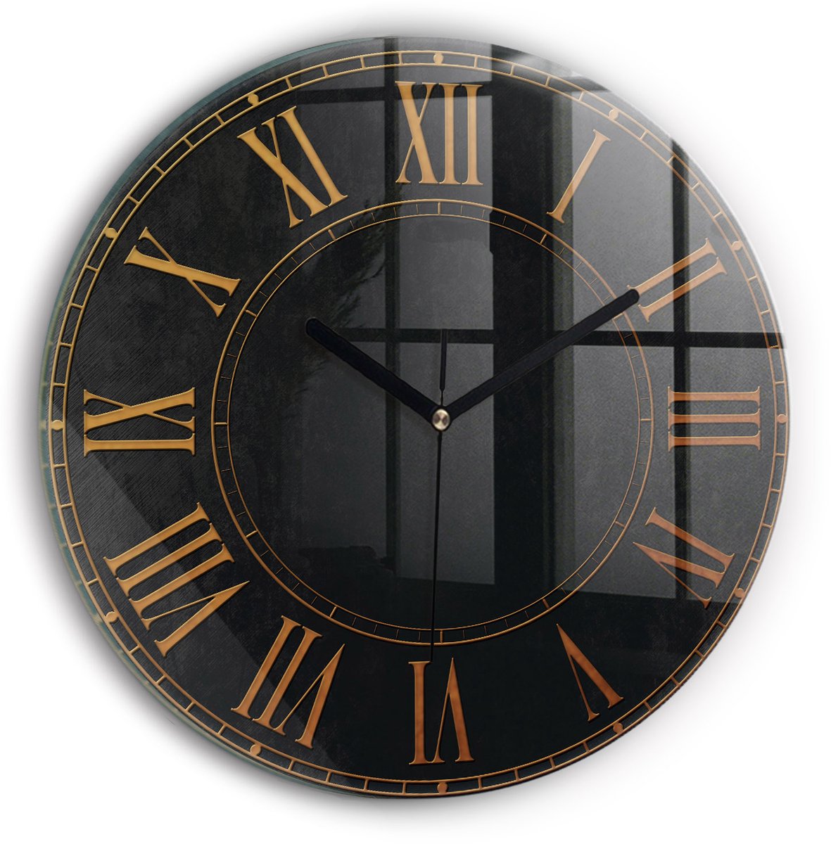 Wallfluent Wandklok - Oude Romeinse cijfers Decoratieve Wandklok - 30 cm x 30 cm - Zwart Wandklok - Zwarte Handen - Wandklok zonder cijfers - Wandklok Glas Woonkamer - Unieke Wandklok - Minimalistische Klok - Klok met Print