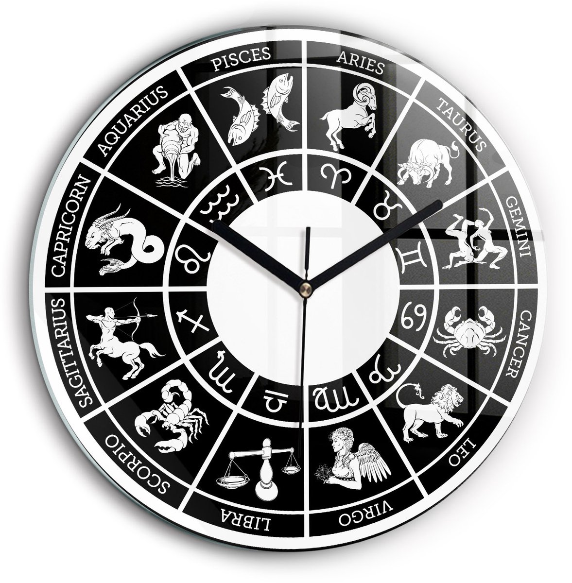 Wallfluent Wandklok - Zodiacaal Klok als Muurdecoratie - 60 cm x 60 cm - Zwart Wandklok - Zwarte Handen - Klok zonder getallen - Wandklok voor in de Keuken - Klok als Muurdecoratie - Modieuze Klok - Stijlvolle Klok