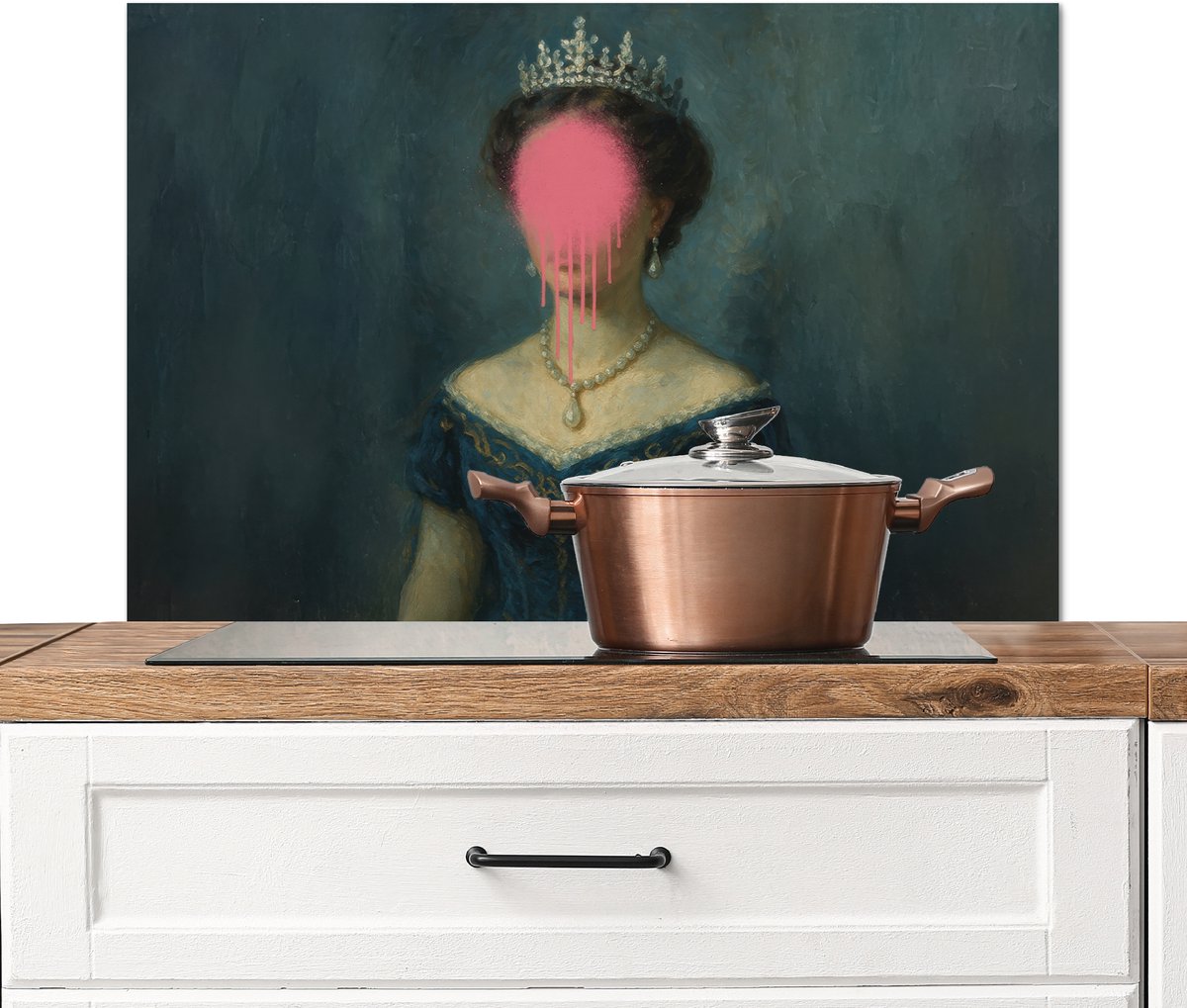 Spatscherm keuken 80x55 cm - Kookplaat achterwand Kroon - Roze druipend verf - Portret - Muurbeschermer - Spatwand fornuis - Hoogwaardig aluminium