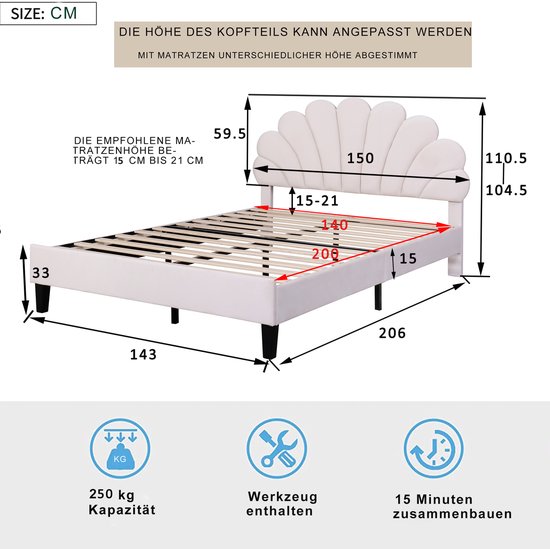 Gestoffeerd kinderbed, 140 x 200 cm, een-/dubbelbed voor meisjes, bedframe met bloemvormig hoofdeinde en lattenbodem, bed voor tienermeisjes, zonder matras, fluweel, beige