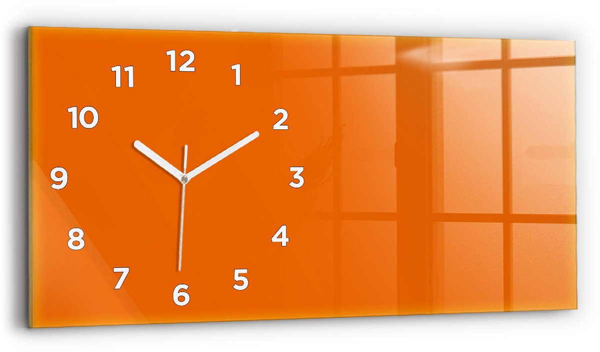 Wallfluent Wandklok - Oranje Rechthoekige Glazen Wandklok - 60 cm x 30 cm - Oranje Wandklok - Witte Handen - Wandklok Met Cijfers - Wandklok Glas Woonkamer - Glazen Klok Rechthoekige - Minimalistisch Wandklok - Rechthoekige Glas Klok
