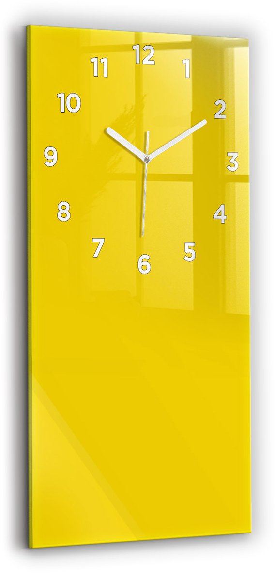 Wallfluent Wandklok - Geel Rechthoekige Glas Klok - 30 cm x 60 cm - Geel Wandklok - Witte Handen - Wandklok Met Cijfers - Stille Wandklok Slaapkamer - Rechthoekige Glazen Wandklok - Scandinavisch Wandklok - Glazen Klok Rechthoekige