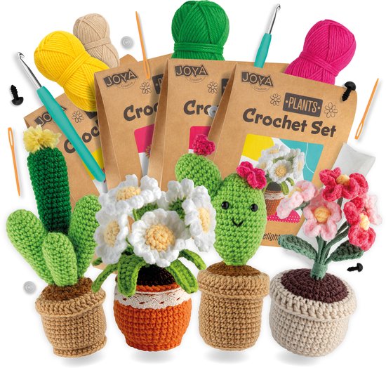 Joya Creative Haakpakket Planten en Bloemen 4pcs – DIY Haakset voor Volwassenen – Inclusief ergonomische breinaalden – Cactus en Bloemen Amigurumi - Starters Set Voor Volwassenen