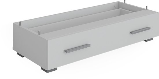 Witte lade met twee handgrepen en metalen pootjes.