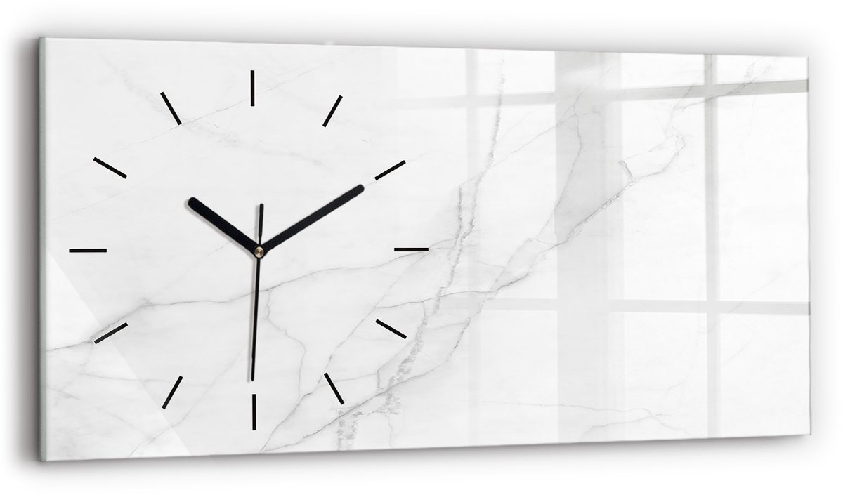 Wallfluent Wandklok - Decoratief marmer Stijlvolle Klok - 60 cm x 30 cm - Wit Wandklok - Zwarte Handen - Wandklok Zonder Cijfers - Wandklok voor in de Keuken - Rechthoekige Glas Klok - Scandinavisch Wandklok - Klok met Print