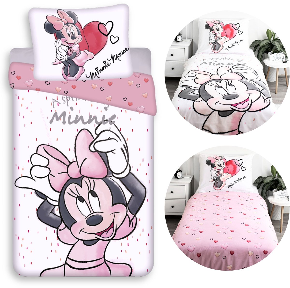 DISNEY Minnie Mouse Wit-roze DUBBELZIJDIG, kinderbeddengoed met ritssluiting, 100% KATOEN 140x200+70x90cm OEKO-TEX