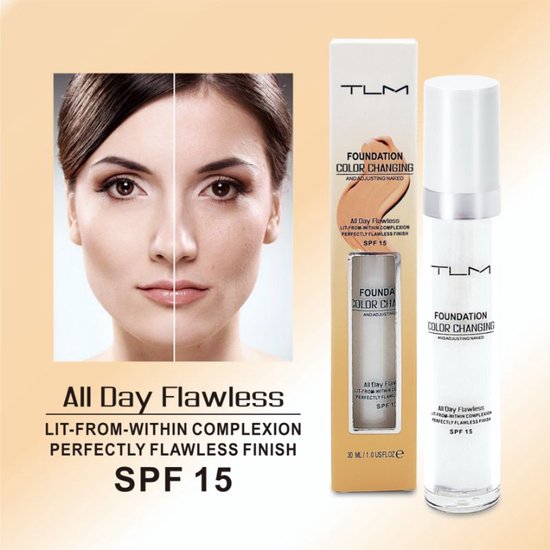 Een model met een half gezicht dat de foundation aanbrengt, met de tekst 'All Day Flawless Lit-from-within complexion perfectly flawless finish SPF 15'.