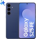 Samsung Galaxy S25 FE in marineblauw met een drievoudige camera aan de achterkant en een scherm met 'Galaxy S25 FE' tekst.