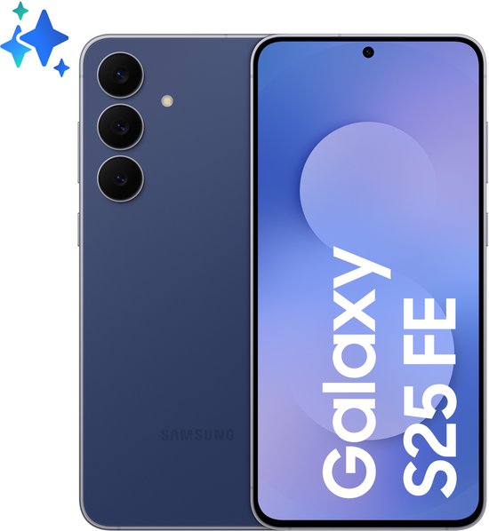 Samsung Galaxy S25 FE in marineblauw met een drievoudige camera aan de achterkant en een scherm met 'Galaxy S25 FE' tekst.