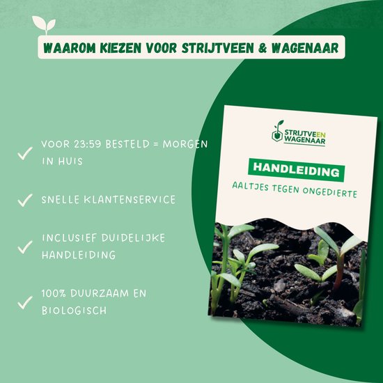 Flyer met logo van Strijtveen & Wagenaar en tekst over de voordelen van hun product. Rechts een product verpakking met plantjes.