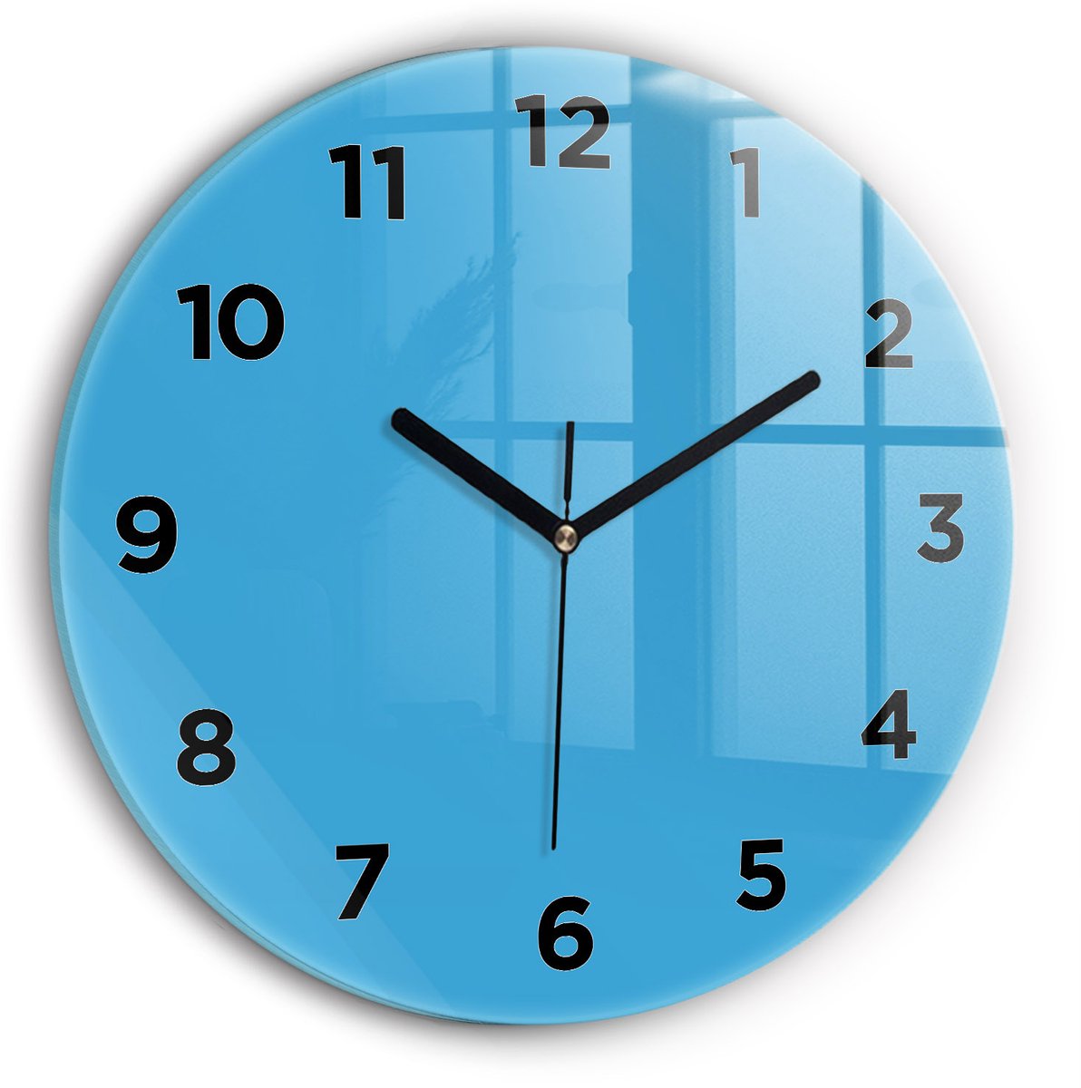 Wallfluent Wandklok - Blauw Ronde Glas Klok - 30 cm x 30 cm - Blauw Wandklok - Zwarte Handen - Wandklok Met Cijfers - Wandklok voor in de Keuken - Ronde Glazen Klok - Minimalistisch Wandklok - Ronde Glazen Wandklok