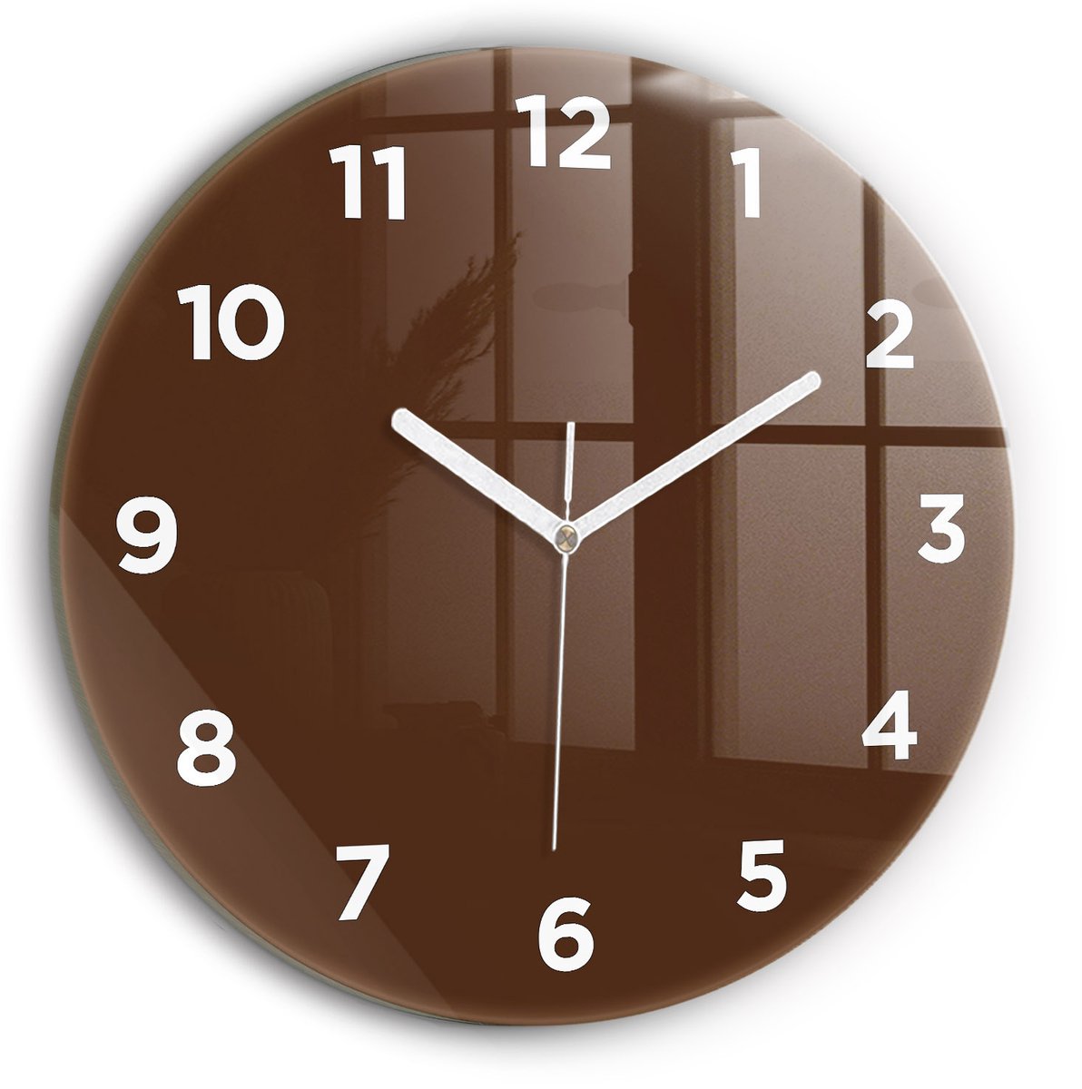 Wallfluent Wandklok - Bruin Ronde Glazen Klok - 30 cm x 30 cm - Bruin Wandklok - Witte Handen - Wandklok Met Cijfers - Wandklok voor in de Keuken - Ronde Glazen Wandklok - Industrieel Wandklok - Ronde Glas Klok