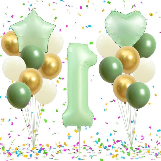 Allecto plus - Folieballon Luchtballon 1e Verjaardag Jongen - 18 stuks - 101 cm - Ballonnen Groen Goud Beige - Helium Decoratie 1 Jaar