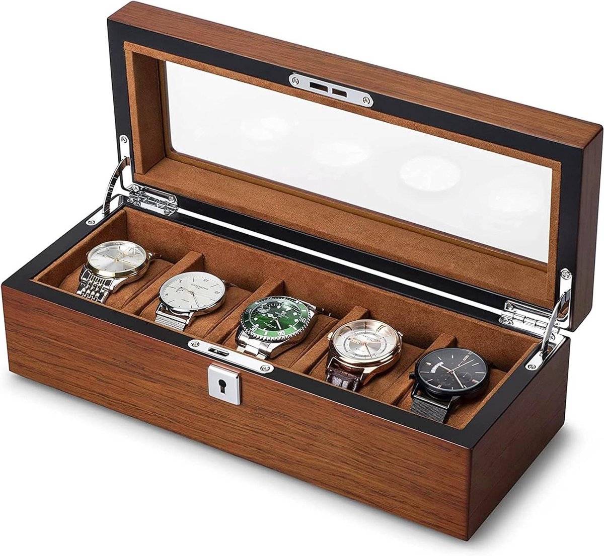 Allecto plus - Horlogebox voor 5 horloges met glazen deksel en uitneembare houders - Premium koffer voor heren - Display en opslagorganizer