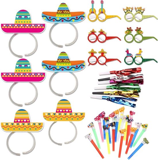 Aoriher Cinco De Mayo Sombrero & Hoofdband Set Feestpakket - 6 Stuks Sombrero Feesthoeden en 6 Stuks Feestbril Maskers, Mexicaanse Hoofdband en Nieuwigheid Mexicaanse Fiesta-bril Fotorekwisieten