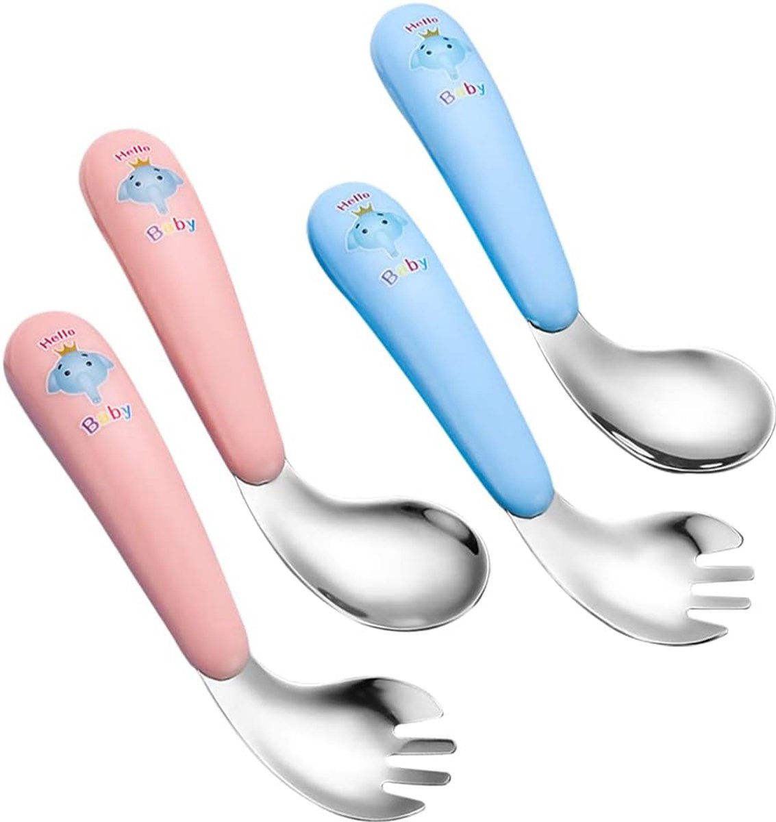 Image of 4 stuks babybenodigdheden - lepel-vorkset - kinderbestekset - roestvrij staal - babylepel - baby-olifantenpatroon - zelfstandig leren eten - plezier voor je baby