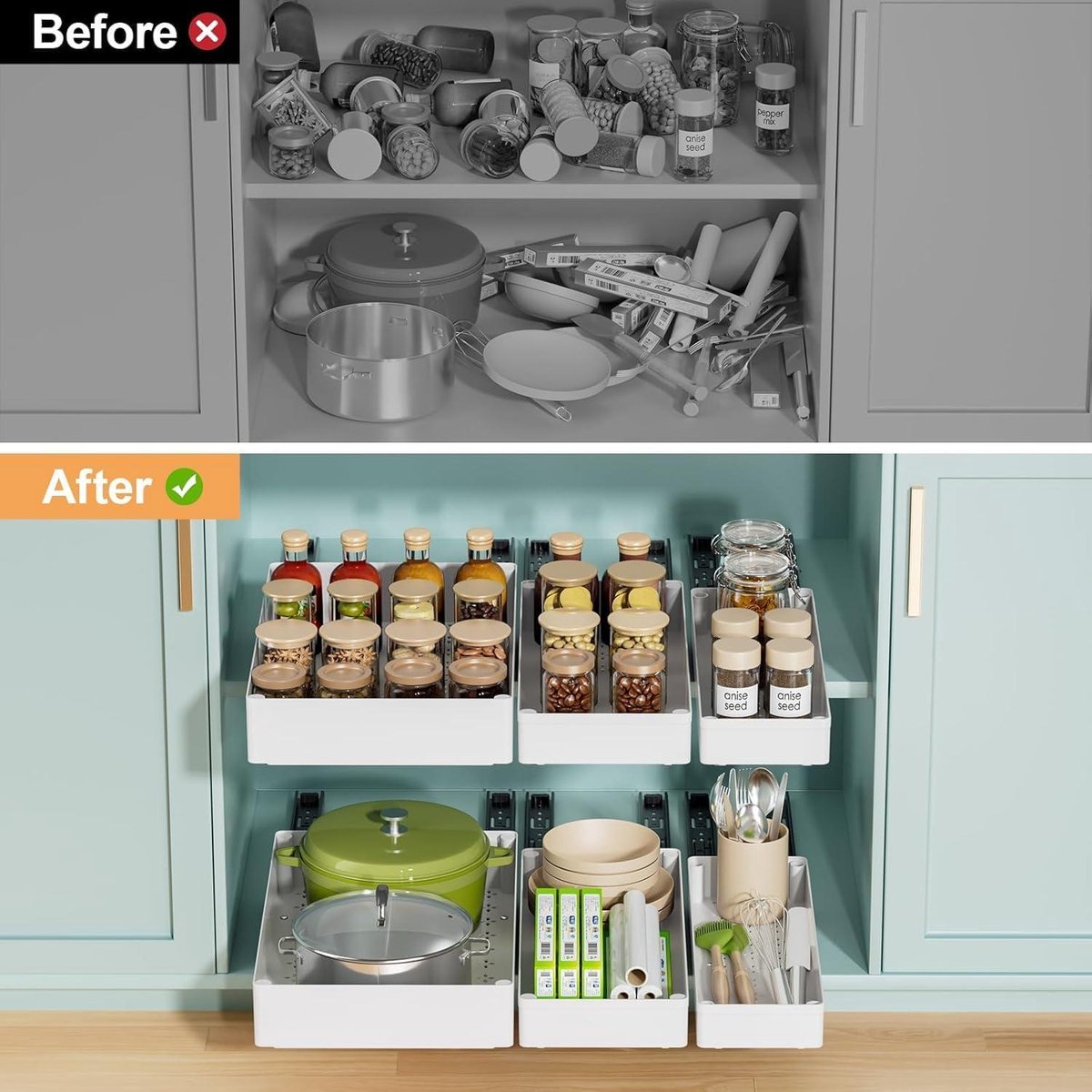Mointal 2 Stuks 4 Richtingen Telescooplade, Uitschuifbare Lade Keuken, Metalen Kastlade-Organizer, Breedte 32–53 cm & Diepte 41,5–61 cm, Plakband/Schroefmontage, Wit