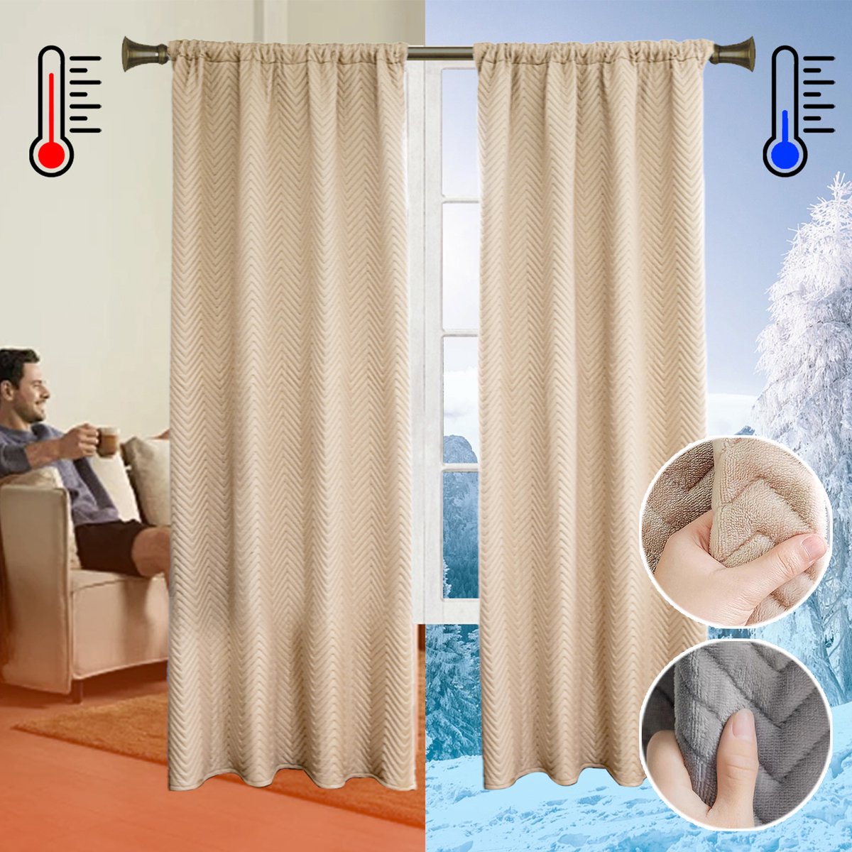 Qelus Isolerende Gordijnen 100% Verduisterend Kort Polig - 140x245 cm Kant en Klaar 1 Stuk - 350gsm Zwaar Gordijn voor Slaapkamer Woonkamer - Beige