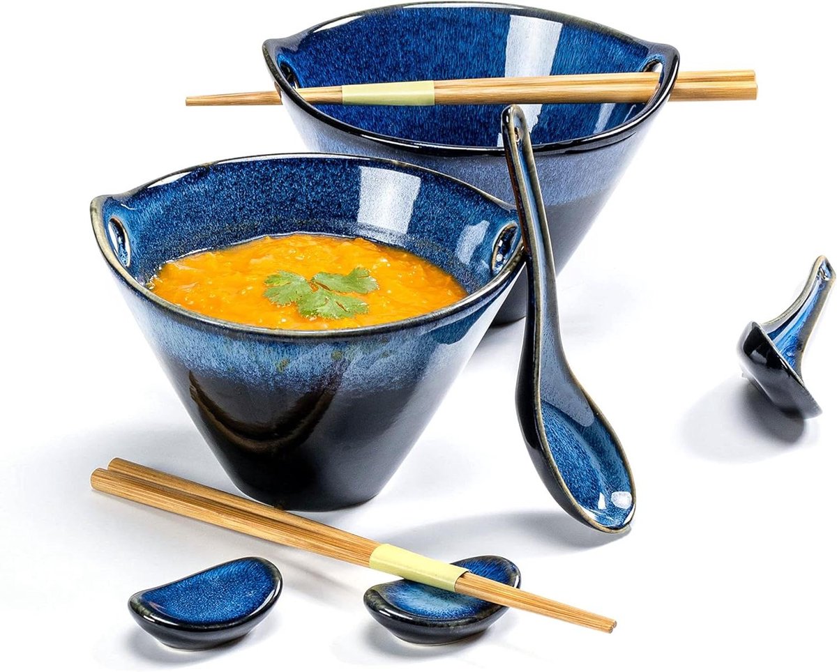Allecto plus - Ramenkom, noedelkommen en servies set voor Aziatische gerechten, porseleinen kommen voor soep, udon en salade, Japanse stijl, vaatwasmachine- en magnetronbestendig, blauw
