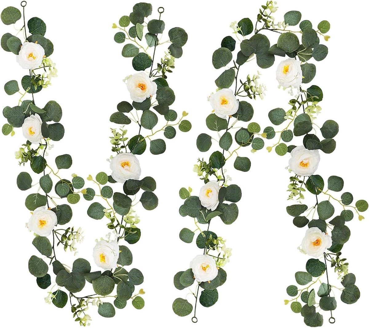 Allecto Plus - Kunst Hangende Slingers Eucalyptus en Bloemen 1,8 Meter - Wit Groen - Decoratie voor Huis Tuin Feest