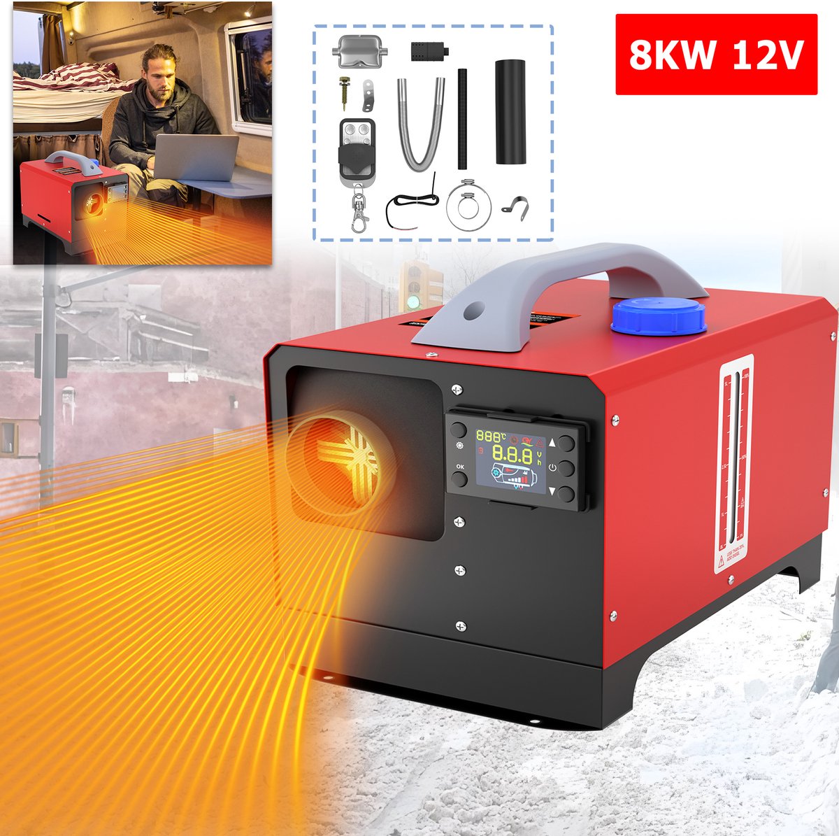 LZQ 12V Diesel Lufterhitzer Standverwarming 8KW Diesel Luchtstandverwarming Autoverwarming Dieselverwarming Met Afstandsbediening LCD & Luchtuitlaat Vrachtwagen Campervan (Rood+Zwart LCD, Horizontale Type)
