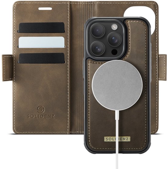 Étui portefeuille 2 en 1 Solidenz de luxe iPhone 16 Pro Max - Compatible avec MagSafe - Amovible - Marron