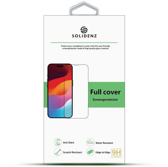 Un emballage de protecteur d'écran avec le texte 'Full cover Screenprotector' et des caractéristiques comme 'Anti Glare' et '9H Hardness'.