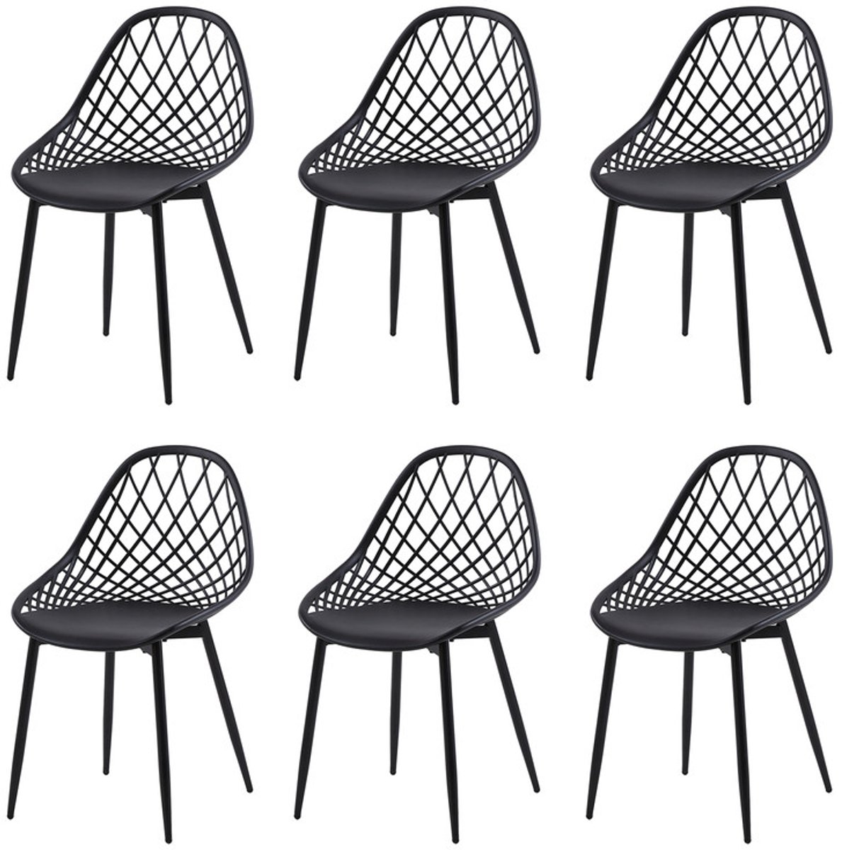 EGGREE Set van 6 eettafelstoelen keuken - woonkamerstoelen - PP kunststof stoelkuip - metalen stoelpoten met verstelbare poten - eetkamerstoel 120 kg draagvermogen - zwart