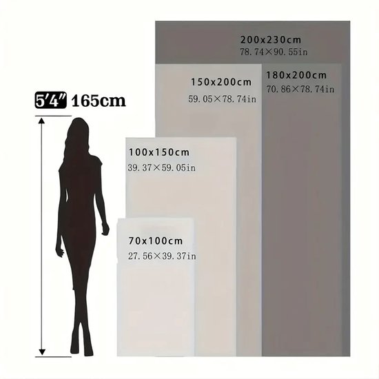 Maattabel voor grijze dekens met afmetingen van 70x100cm tot 200x230cm naast een silhouet van 165cm lang.