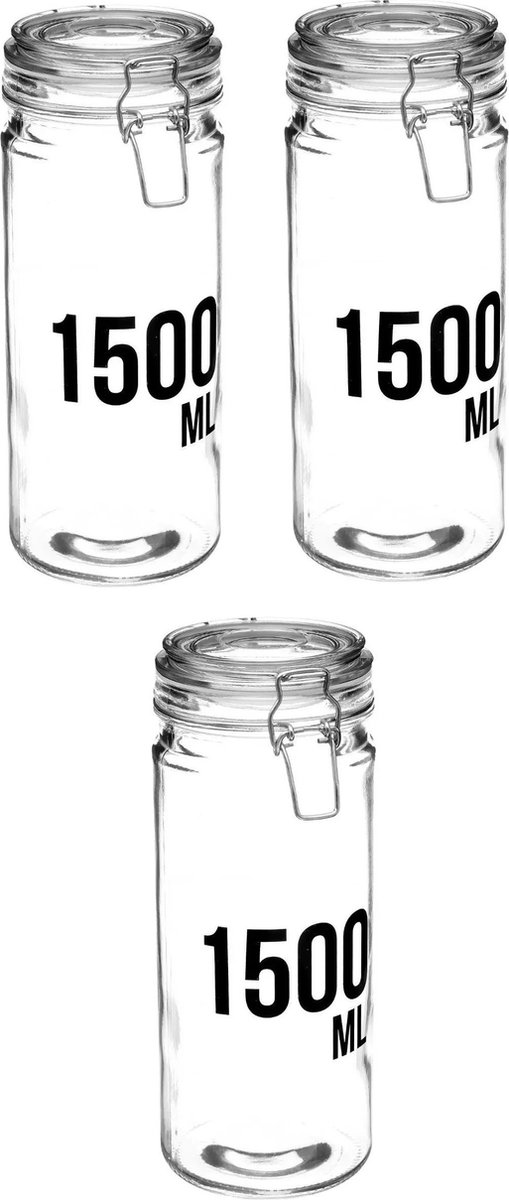 3x stuks inmaakpotten/voorraadpotten 1,5L glas met beugelsluiting - 1500 ml - Voorraadpotten met luchtdichte sluiting