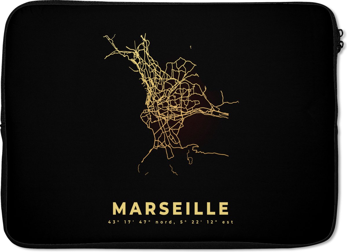 Laptophoes 13 inch - Frankrijk – Stadskaart - Goud - Kaart – Plattegrond – Marseille - Laptop sleeve - Binnenmaat 32x22,5 cm - Zwarte achterkant - Stadskaart