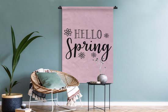 Tenture murale - Toile murale - Citation « Bonjour le printemps » avec fleurs roses - 90x135 cm - Tapisserie murale