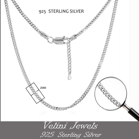 Velini jewels-2MM Cubaanse halsketting-925 Zilver Ketting- roestvrij -50+5cm verlengstuk met anker slot