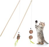 Relaxdays kattenhengel set van 2 - speelhengel met muis - interactief kattenspeelgoed