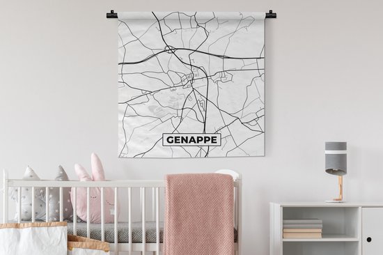 Wandkleed - Wanddoek - Stadskaart – Plattegrond – België – Zwart Wit – Genappe – Kaart - 90x90 cm - Wandtapijt