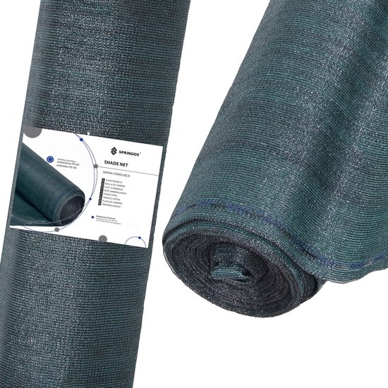 Twee rollen donkergroen schaduwdoek op een witte achtergrond. Een kleinere rol met productinformatie is zichtbaar.