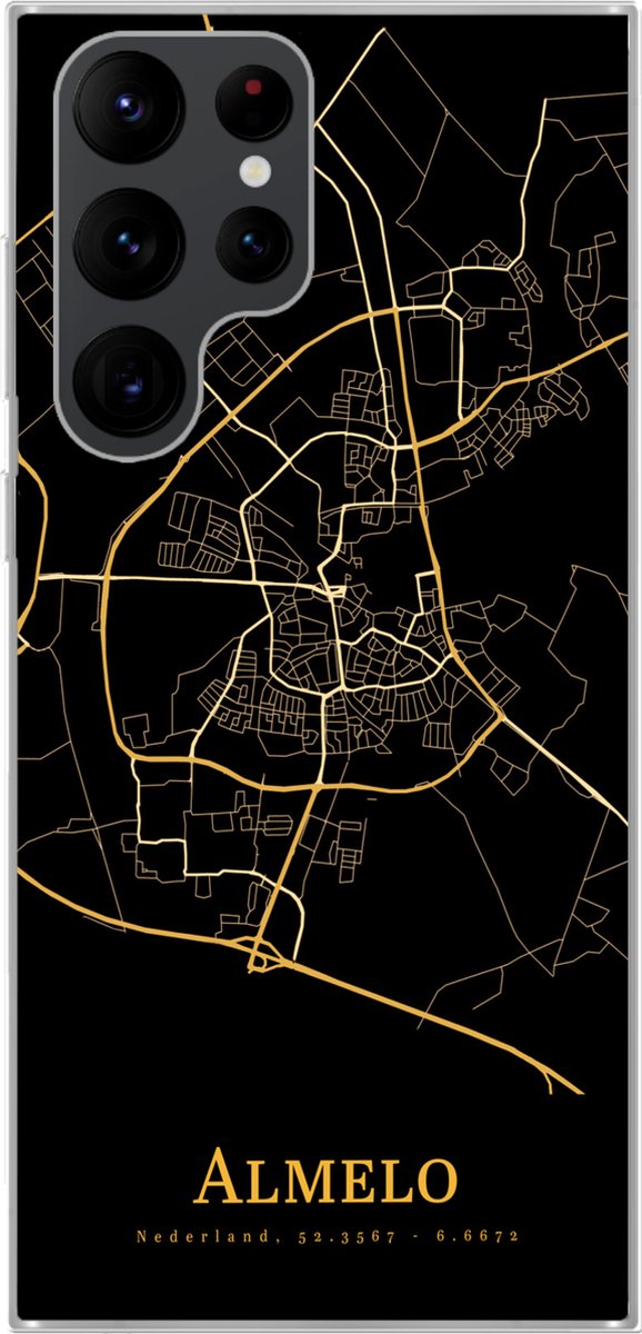Telefoonhoesje Geschikt voor Samsung Galaxy S22 Ultra hoesje - Almelo - Kaart - Goud - Zwart - Siliconen Telefoonhoesje Telefoonhoesje