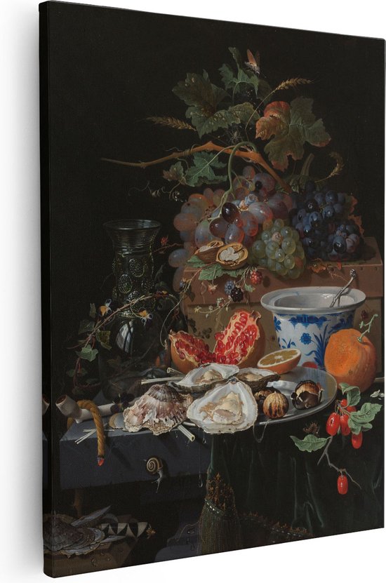 Artaza Canvas Schilderij Stilleven met Vruchten, Oesters en een Porseleinen Kom - Abraham Mignon - 80x100 - Groot - Kunst - Wanddecoratie