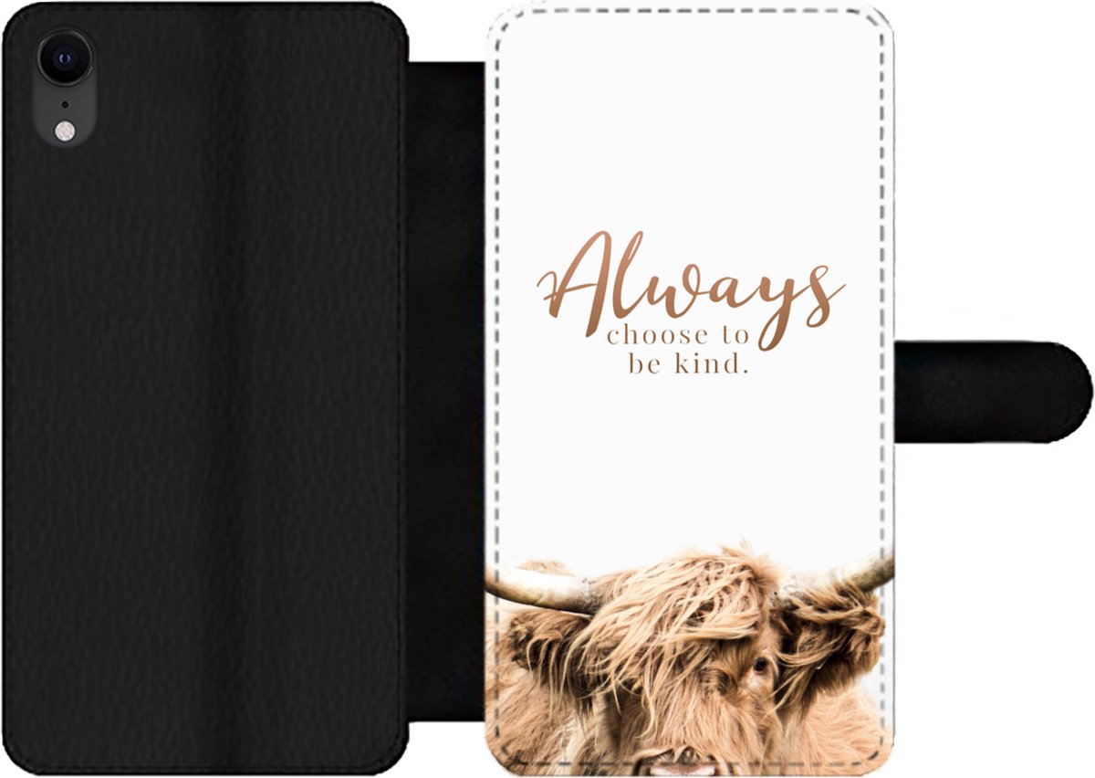 Telefoonhoesje Geschikt voor iPhone XR telefoonhoesje - Schotse hooglander - Quotes - Wit - Met vakjes - Wallet case met magneetsluiting