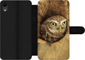 Bookcase Geschikt voor iPhone XR telefoonhoesje - Bruine uil kijkt uit een gat in een boom - Met vakjes - Wallet case met magneetsluiting