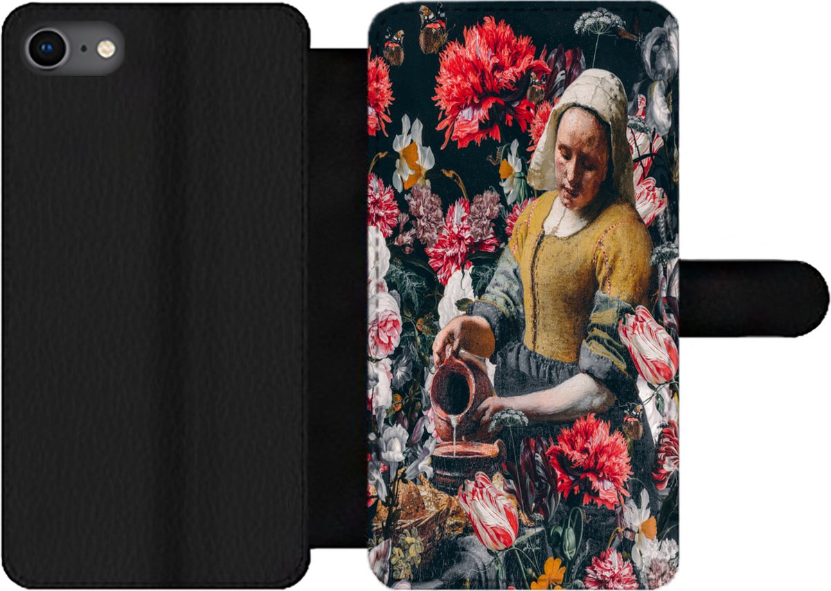Telefoonhoesje Geschikt voor iPhone SE 2020 telefoonhoesje - Melkmeisje - Vermeer - Bloemen - Met vakjes - Wallet case met magneetsluiting