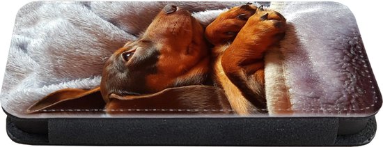 Étui pour iPhone XR Bookcase - Mignon teckel se trouve sous les couvertures - Avec poches - Étui portefeuille avec fermeture magnétique